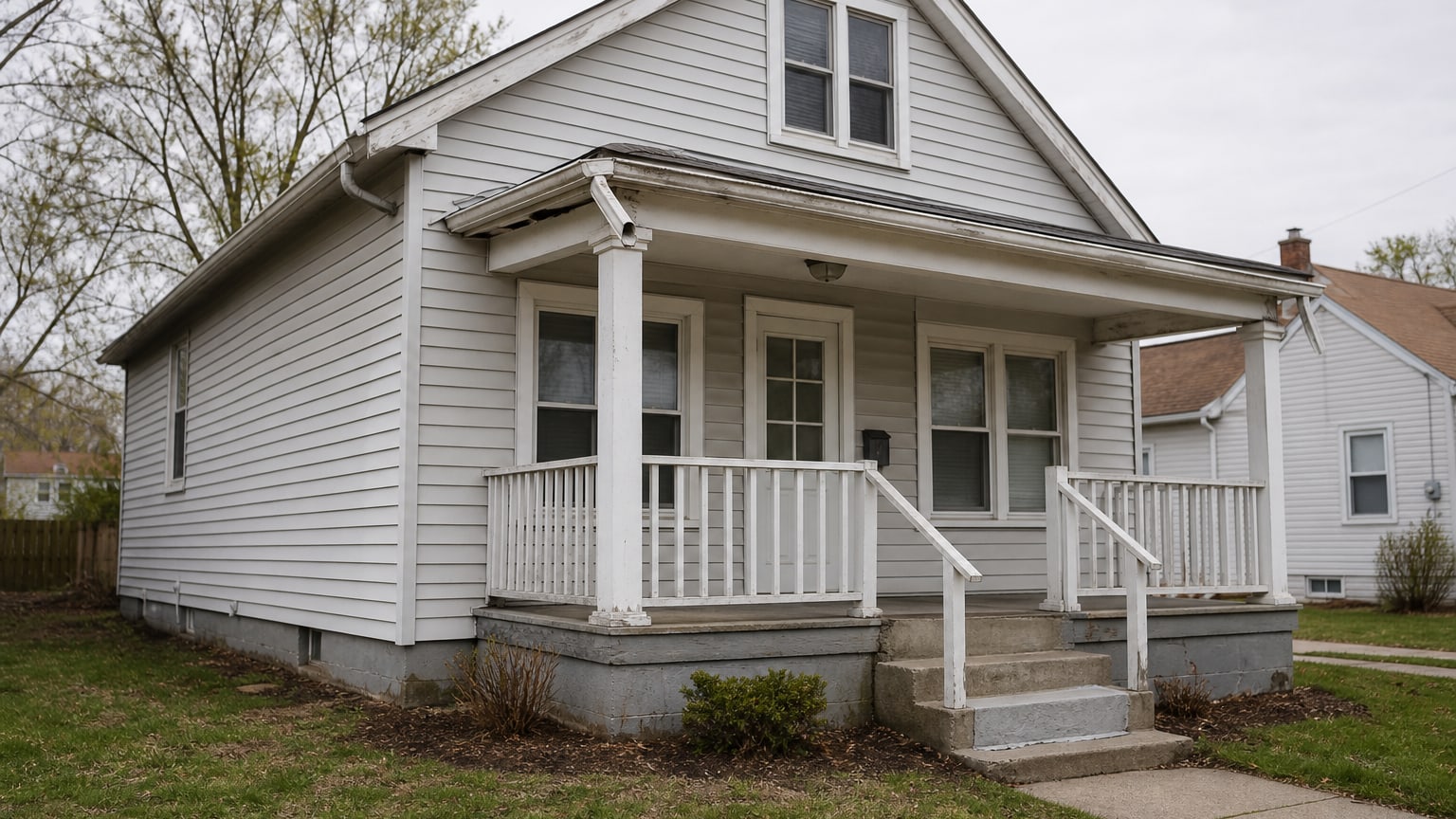 A weathered house with visible exterior repair needs.
