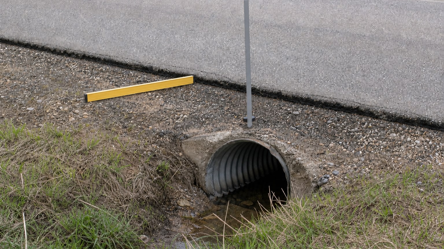 A roadside culvert with unbranded measuring equipment nearby.
