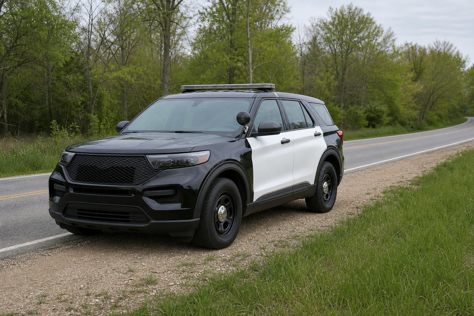 A black-and-white county patrol SUV parked beside a quiet county road.